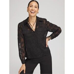 Chico’s Long Sleeve Floral Burnout Camp Shirt SZ 3.5 US 18 Front Pocket Black